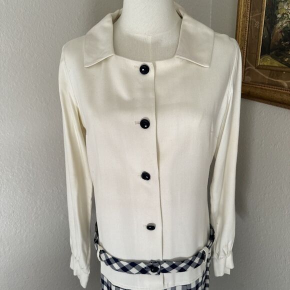 Vintage Dress Two Tones Button Up Plaid Solid Cream Blue Size S - Picture 2 of 16